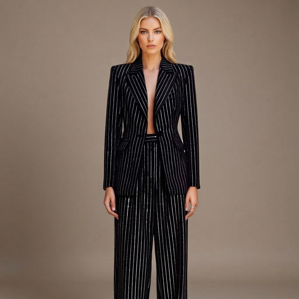 Electra - Ensemble blazer et pantalon à rayures noir