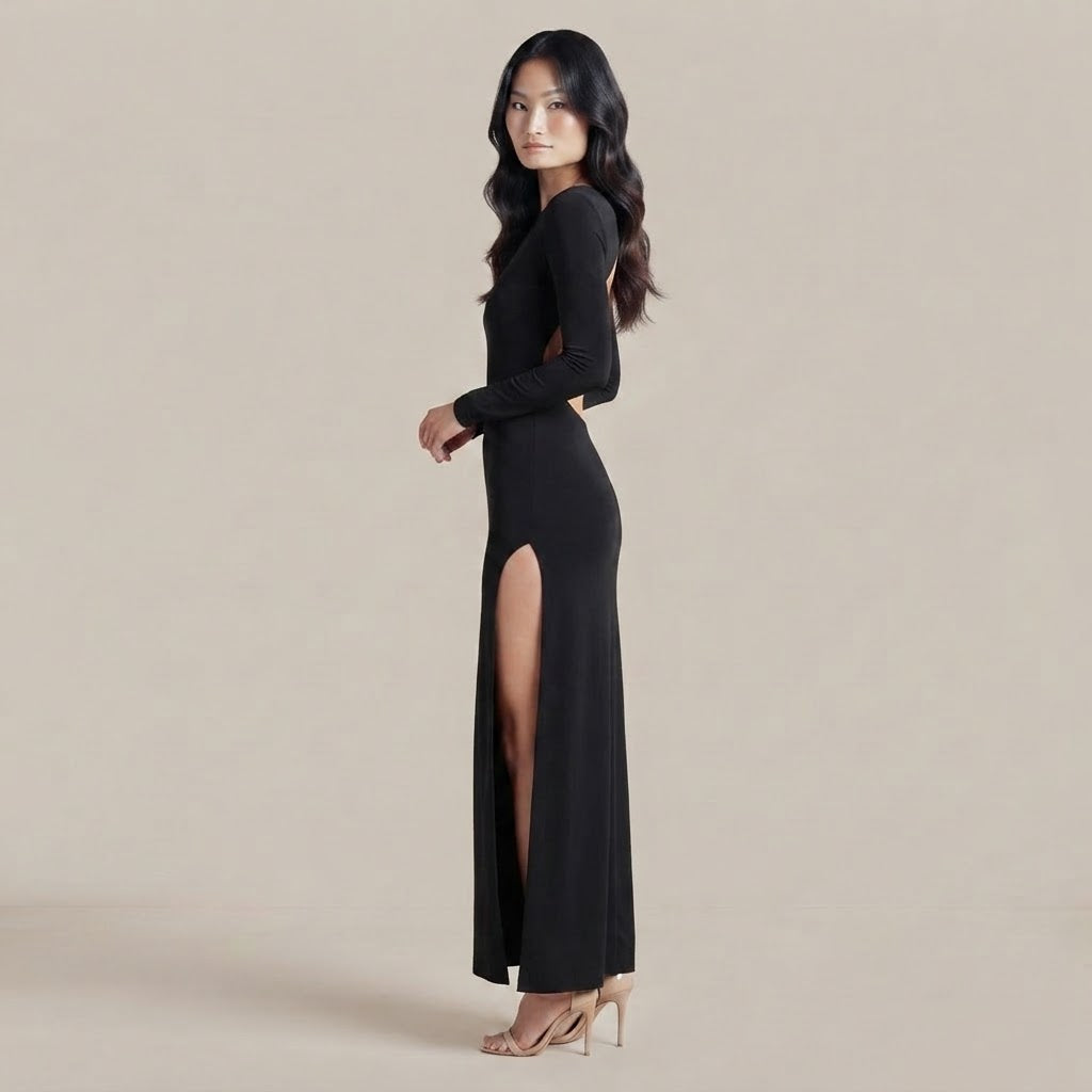 La Diva - Robe Dos nu à manche longue noire