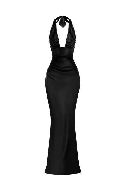 Sofia - Robe de soirée dos nu en satin noire