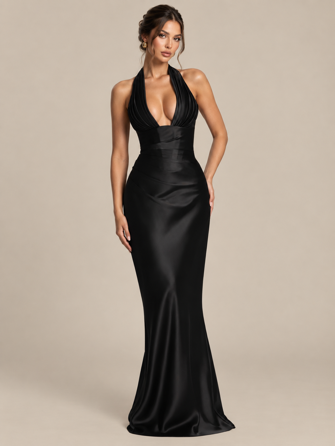 Sofia - Robe de soirée dos nu en satin noire