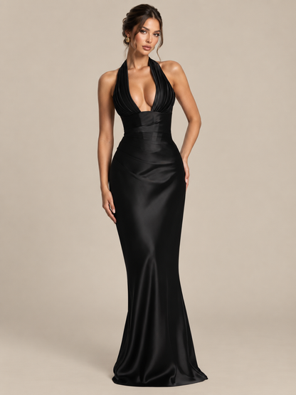 Sofia - Robe de soirée dos nu en satin noire