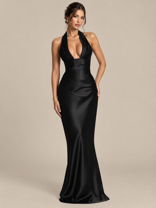 Sofia - Robe de soirée dos nu en satin noire
