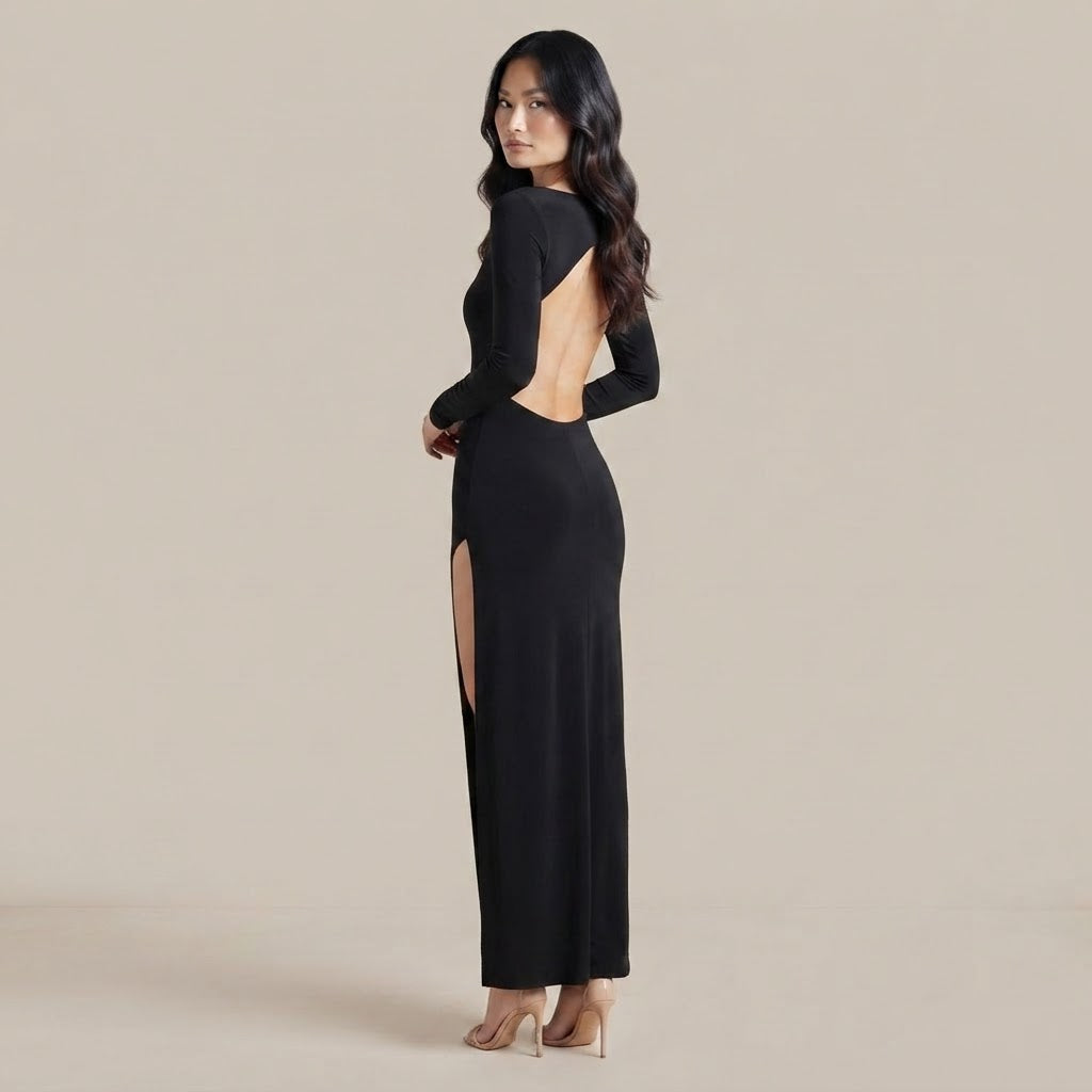 La Diva - Robe Dos nu à manche longue noire